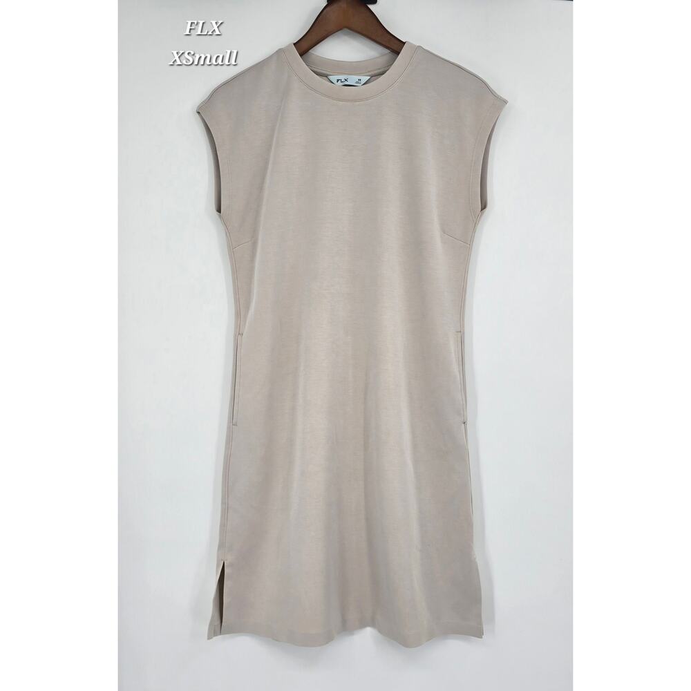 FLX Solace Side Slit Hem Dress XS Sand Trap Neutral‎ Minimalist Stretch Midi